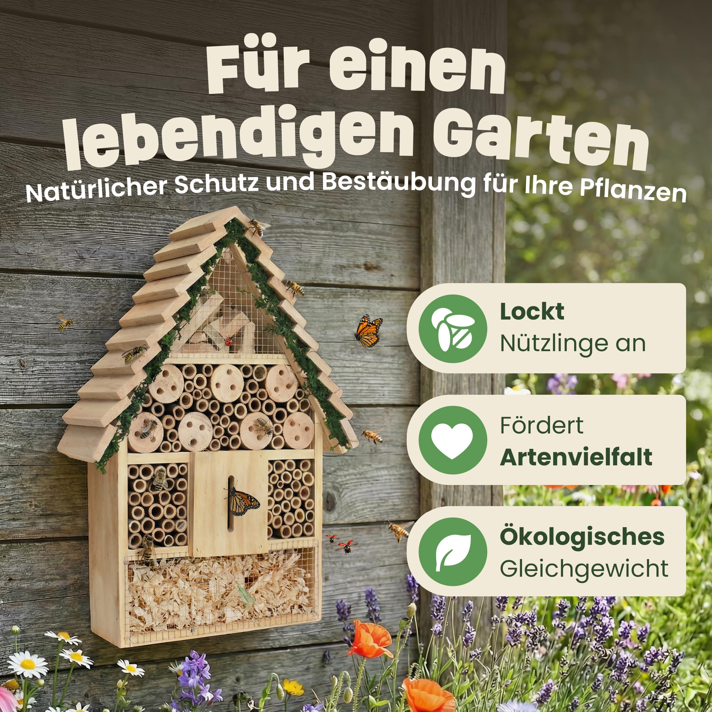 zooprinz Insektenhotel XXL Holz – Insektenhaus/Bienenhotel mit Bambus Röhrchen & Nisthilfe für Wildbienen – wetterfestes Design für Garten & Balkon – Stufendach (40,5 cm) - 2