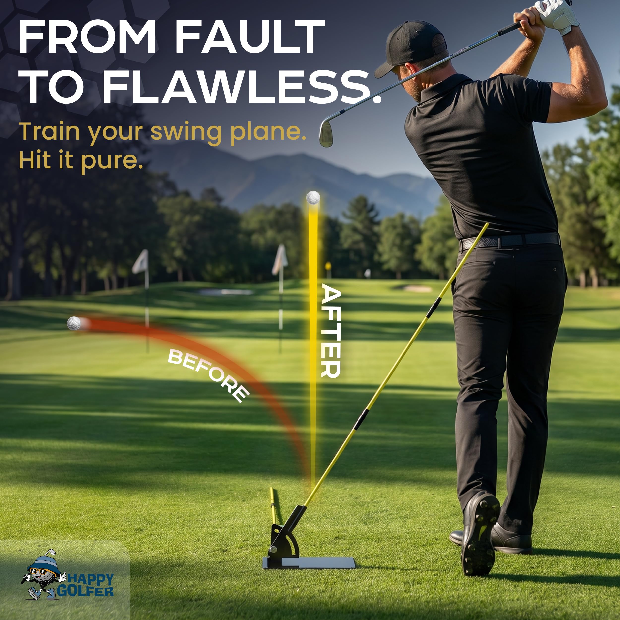 Happy Golfer Golfschwungtrainer für Schwungflugzeug & Ausrichtung | Platte mit zwei Ausrichtungsstäben | Zur Perfektionierung Ihres Golfschwungs mit mehreren Trainingsbohrern | Golf-Übungshilfe