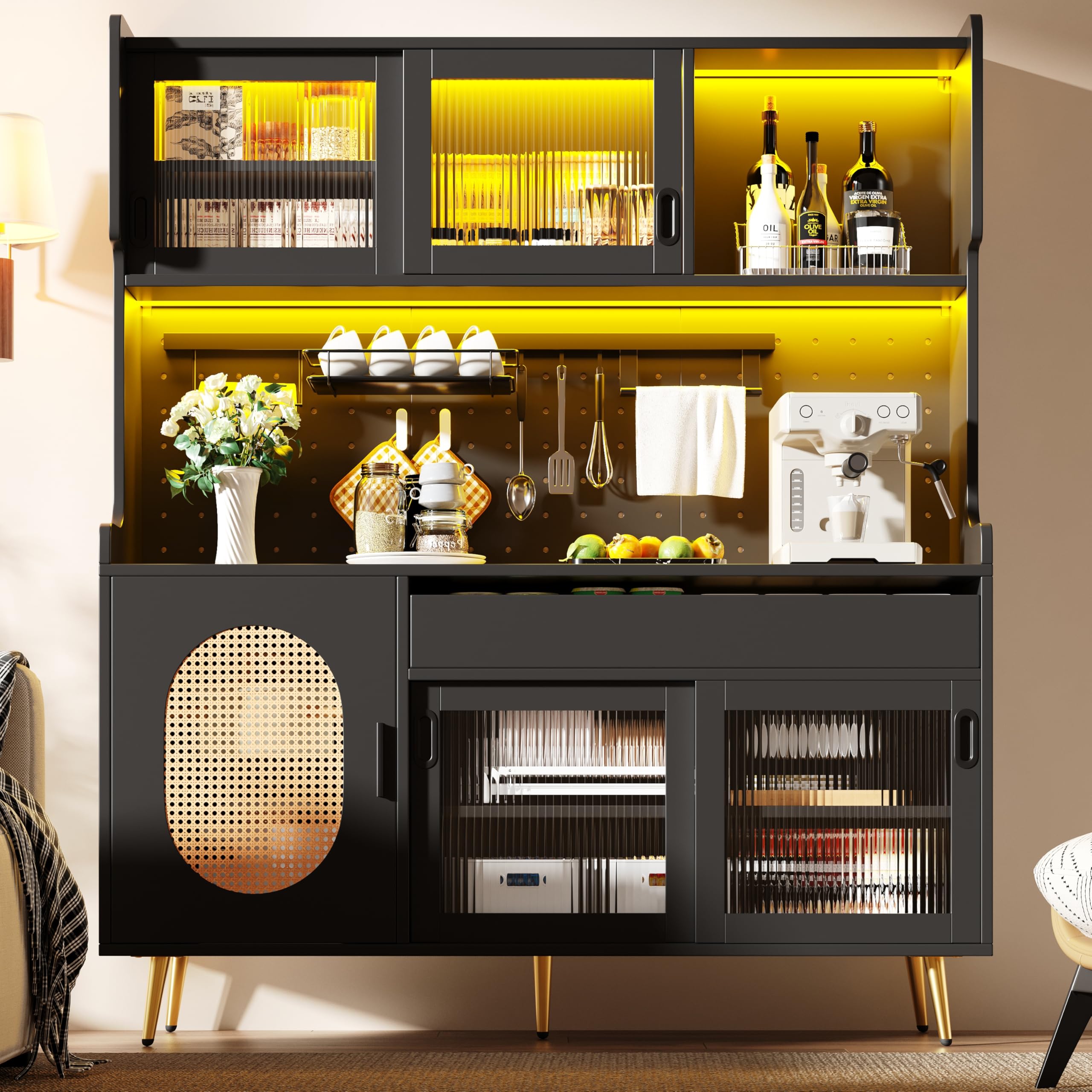 Kebnor Armadio laterale/armadietto da cucina/buffet, 145 x 39 x 171 cm, stile rustico, 5 ante, con striscia luminosa a LED e piastra di blocco in vetro, porte (nero)