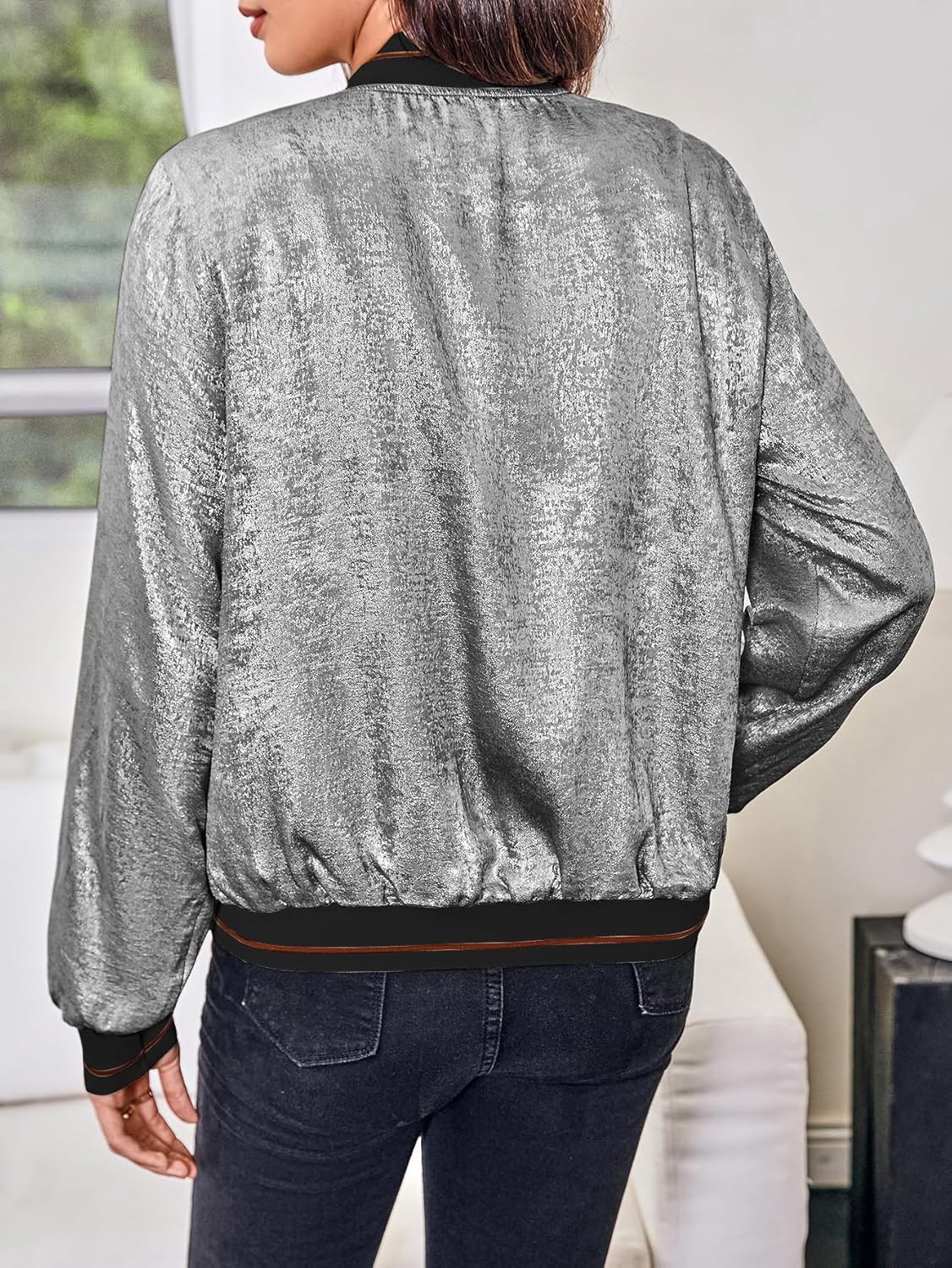 Verdusa Women's Metallic Zipper Bomber Disco Party Jackets Outwear Long Sleeve Lightweight Jacket Coats - Image 2