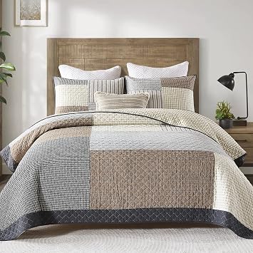 Finlonte Quilts Queen Size 100% Cotton Lightweight Soft Queen Quilt Real Patchwork Plaid Quilted Bedspread Brown Beige Gray Reversible Quilt Bedding Set 3 Pieces
