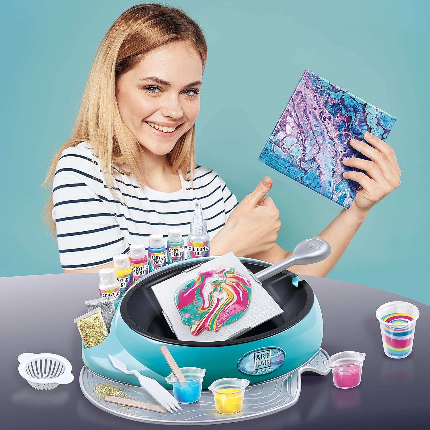 Pouring Art Studio, All-in-One Studio, 5 Acrylic Paints, 4 Blank Canvases, 15 Tools + Accessories, 6 Paint Techniques, 6+ Years