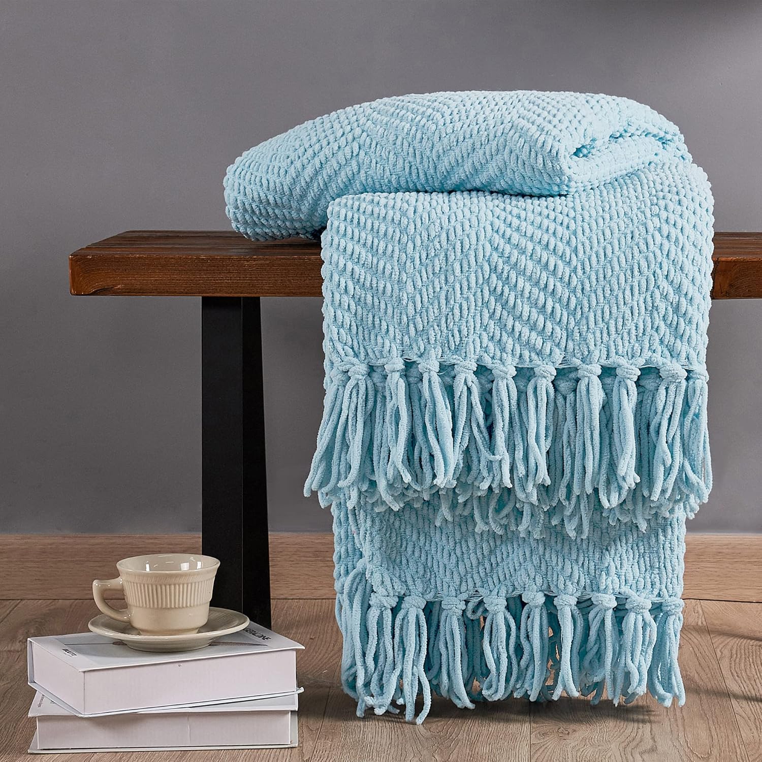Throw Blanket for Couch Soft Knitted Textured Couch Cover Tweed Blanket with Fringe Tassel for Home Décor Bed Sofa Chair, 60" x 80", Powder Blue