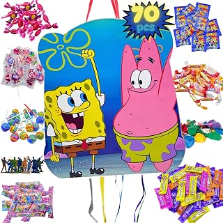 Piñata Bob Esponja + Pack 70 Chuches Sin Gluten y Juguetes Piñata - Piñata Cumpleaños - Bob Esponja Cumpleaños - Relleno Piñata - Chuches Cumpleaños Infantil PARTY4EVER