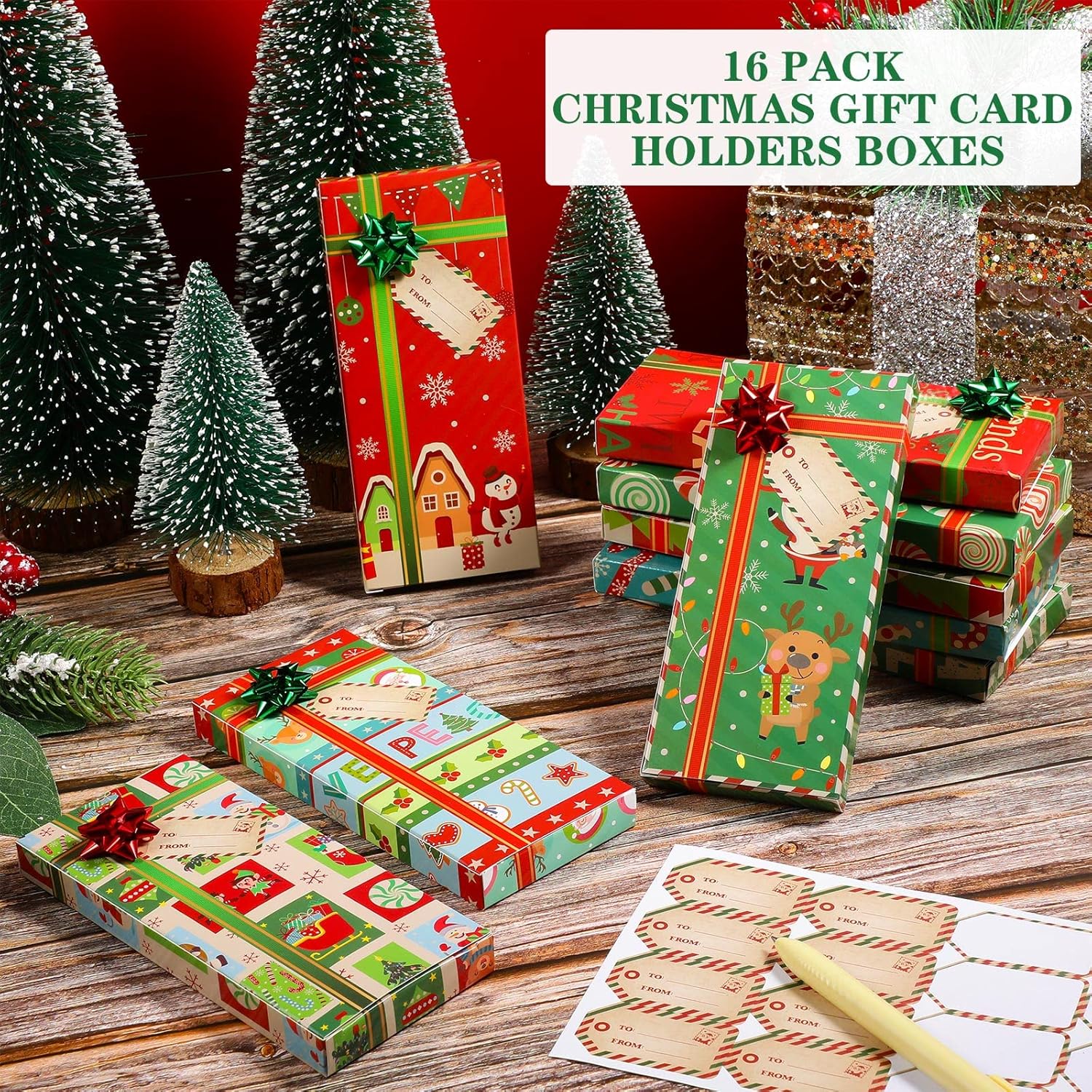 Funrous 16 Pcs Christmas Card Holders Boxes with Bows and Name Stickers, 6.3 x 2.7 x 0.6 Inch, Christmas Wrap Xmas Party Favor Card Boxes for Xmas Holiday Supplies(16 Pcs)