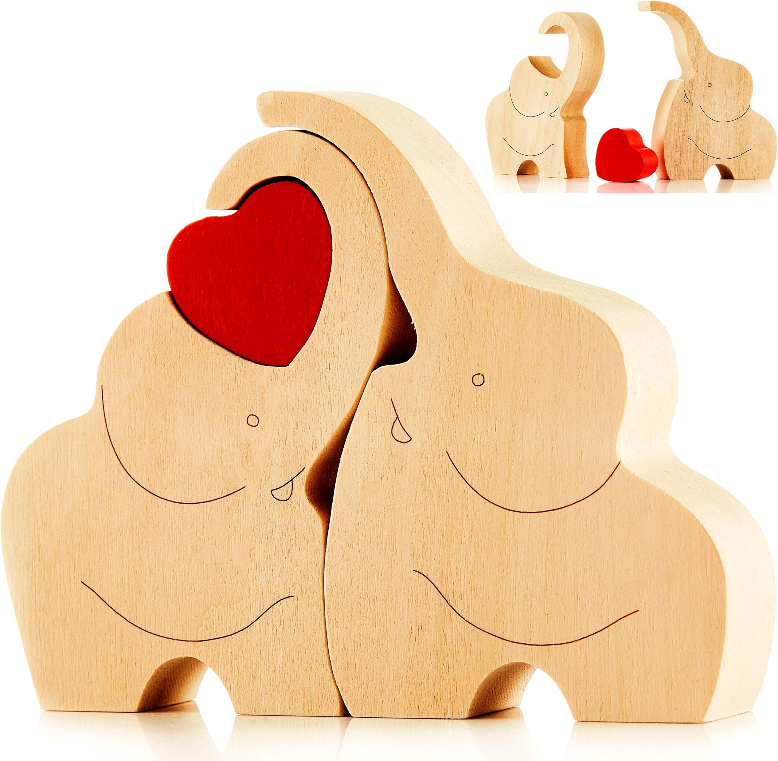 NOVECRAFTOIK Style Loving Wooden Love Elephant Couple Figurine With Red Heart - Elephants Ornament Decor Gift With Message Of Love