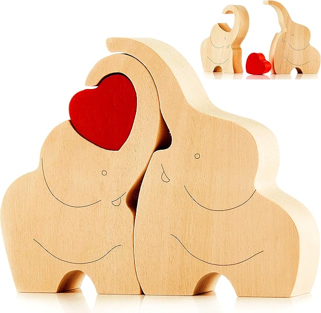 IK Style Loving Wooden Love Elephant Couple Figurine With Red Heart - Elephants Ornament Decor Gift With Message Of Love