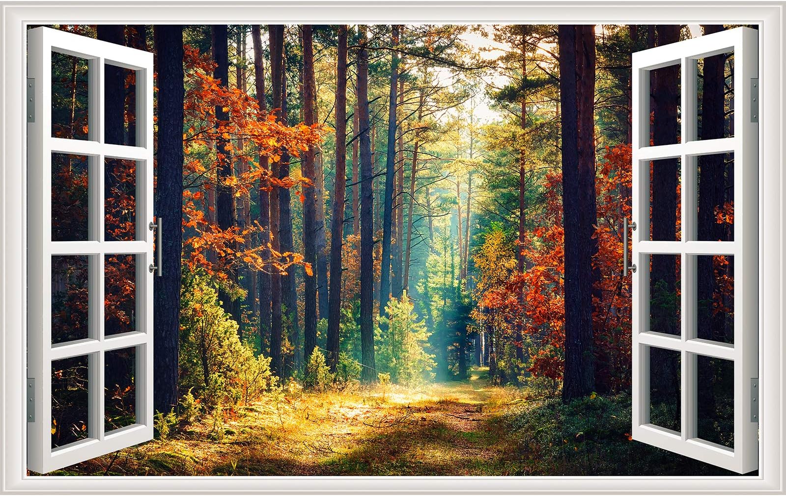 Forest Fake Windows Wall Sticker Removable 3D Nature Landscape Faux Windows Wall Sticker Vinyl Self-Adhesive Maple Trees Wall Mural Stickers for Bedroom Living Room Decoration