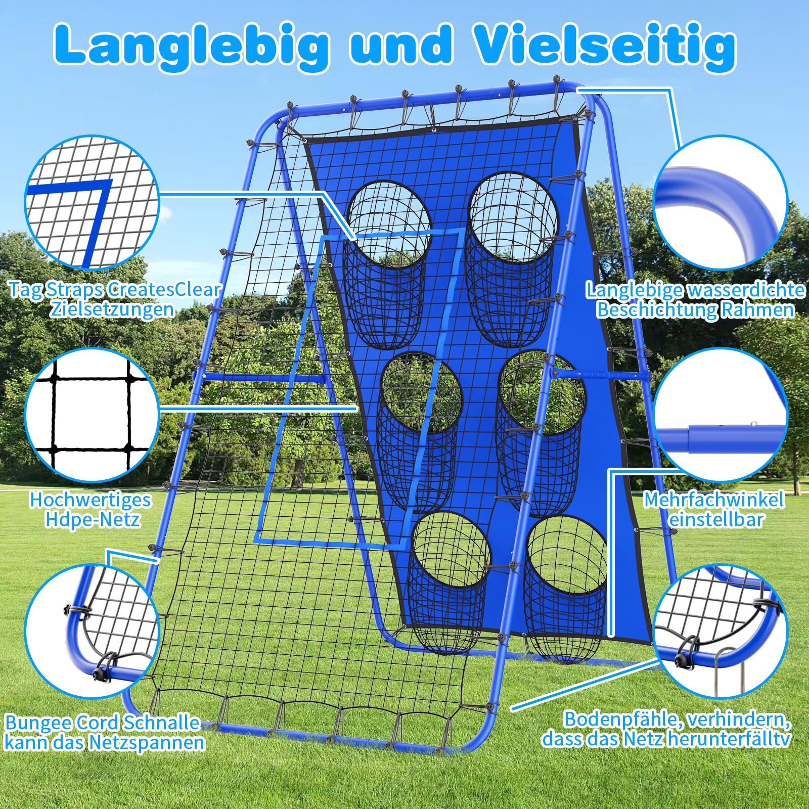 Filet de rebond volleyball 2,1 x 1,2 m réglable multi-angle avec piquets métalliques solides