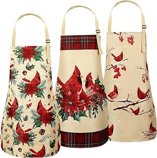 Set of 3 Christmas Aprons, Christmas Red Flower Cardinal Bird Adjustable Kitchen Cooking Aprons for Holiday Home Dinner Baking Grilling Party Supplies