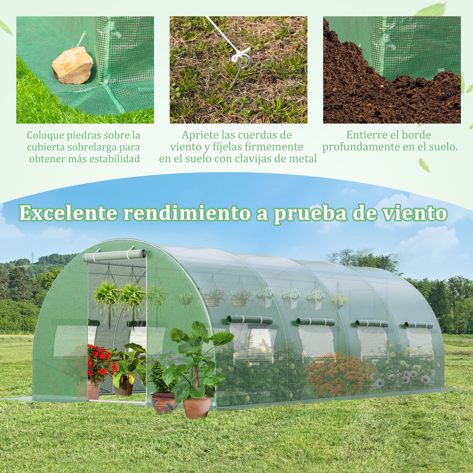 COSTWAY Invernadero Túnel Exterior, 600 x 300 x 200 cm con 10 Ventanas Enrollables, 2 Puertas con Cremallera, Estructura de Acero Galvanizado, Carpa de Jardín Resistente al Viento
