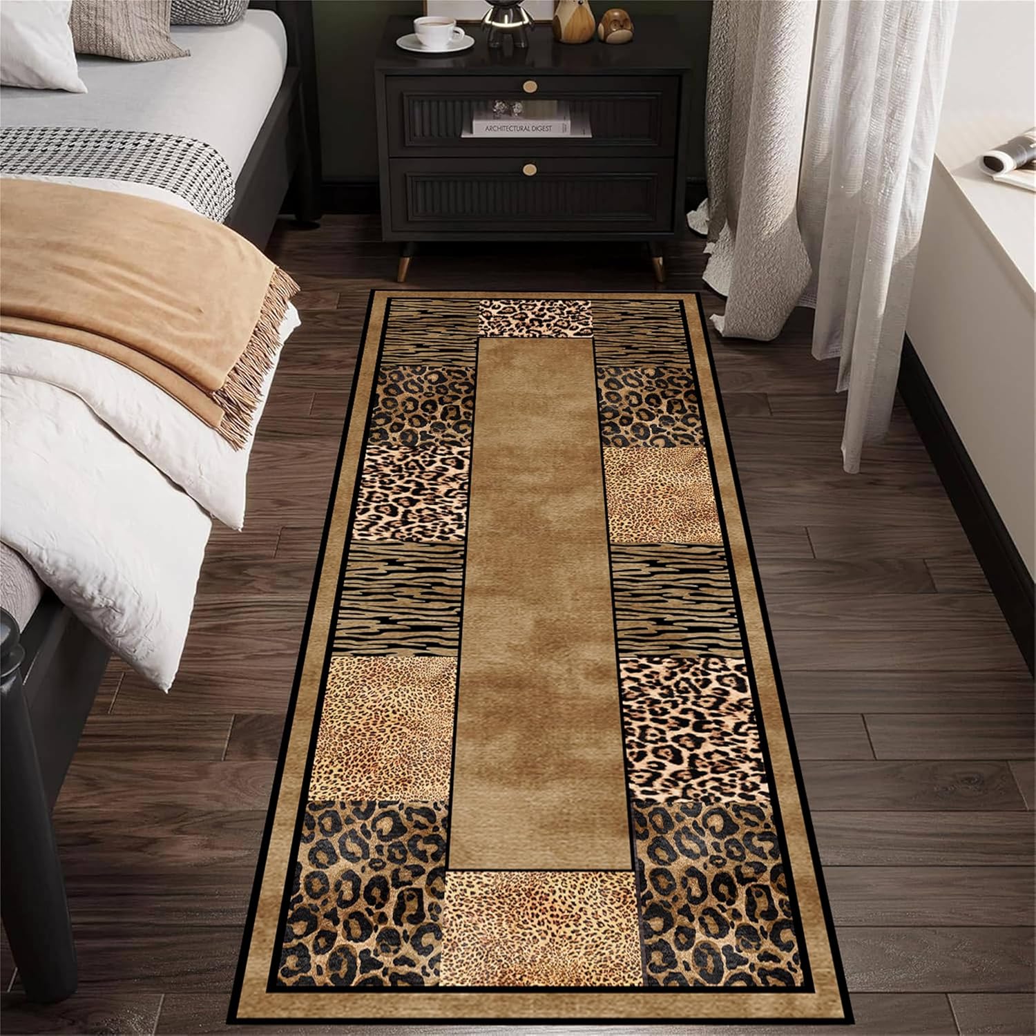 Animal Skin Long Strip Rug,2x7ft,Brown Leopard Print Rug, Soft Non-Slip and Easy to Care for, Short Pile Foldable Floor Mat, Home Decoration Rug for Entry, Bedroom, Living Room