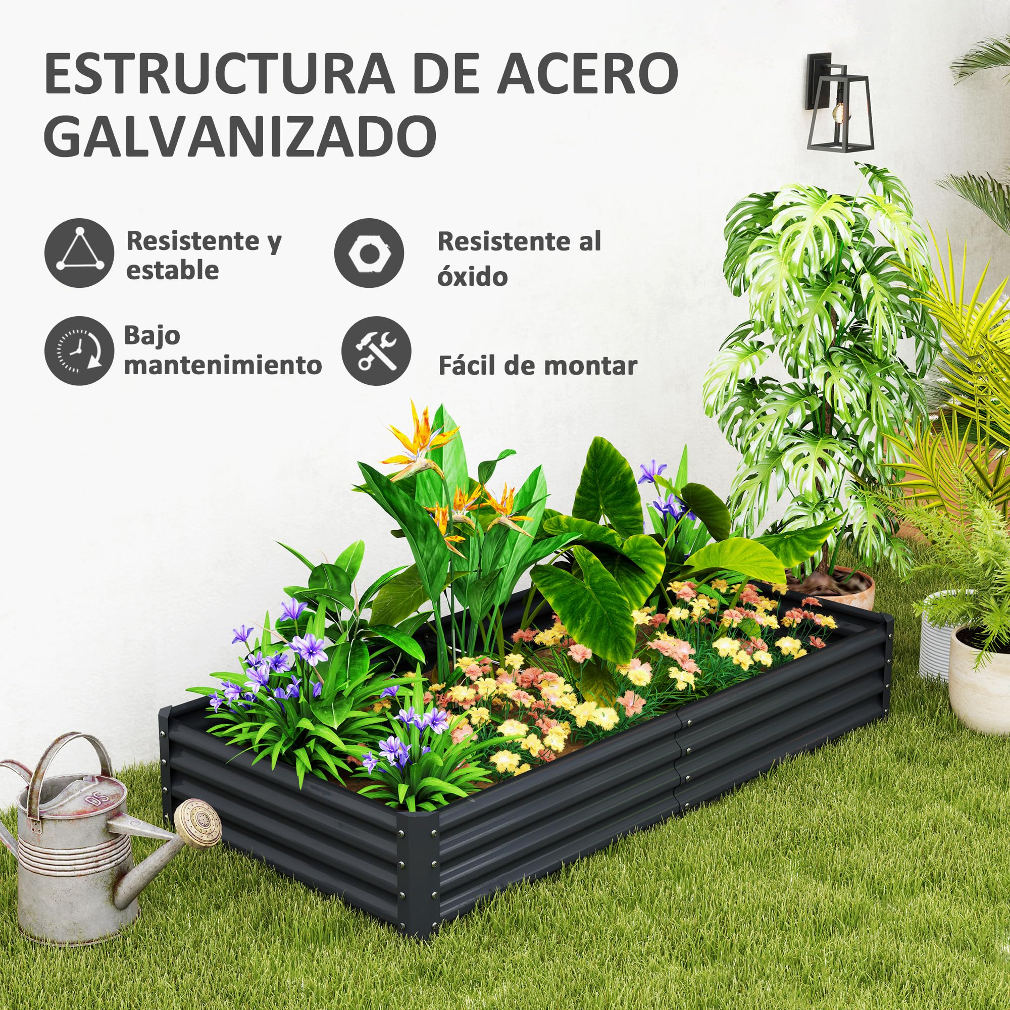 Outsunny Jardinera Elevada de Acero Galvanizado Huerto Urbano para Cultivar Plantas Flores Hierba Macetero Grande Exterior Rectangular con Fondo Abierto 180x90x30 cm Gris Oscuro