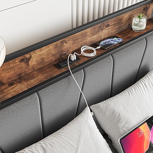 Miniatura 4 de BOFENG Base de cama de tamaño matrimonial con cabecera de almacenamientoestación de carga, base de cama tapizada de metal resistente, tamaño