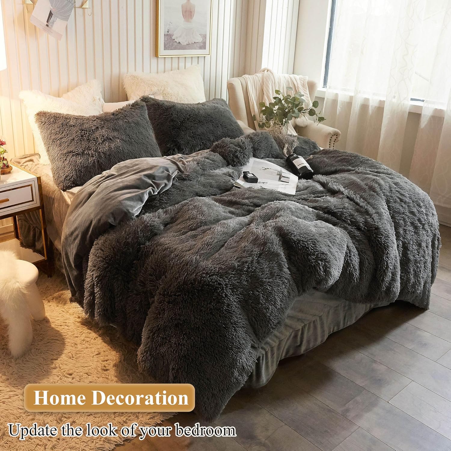 XeGe Faux Fur Throw Pillow Cases, Plush Shaggy Ultra Soft Pillow Covers, Fluffy Crystal Velvet Decorative Pillowcases, Furry Fuzzy Pillow Shams Zipper Closure, Set of 2(Standard, Dark Gray) - Image 6