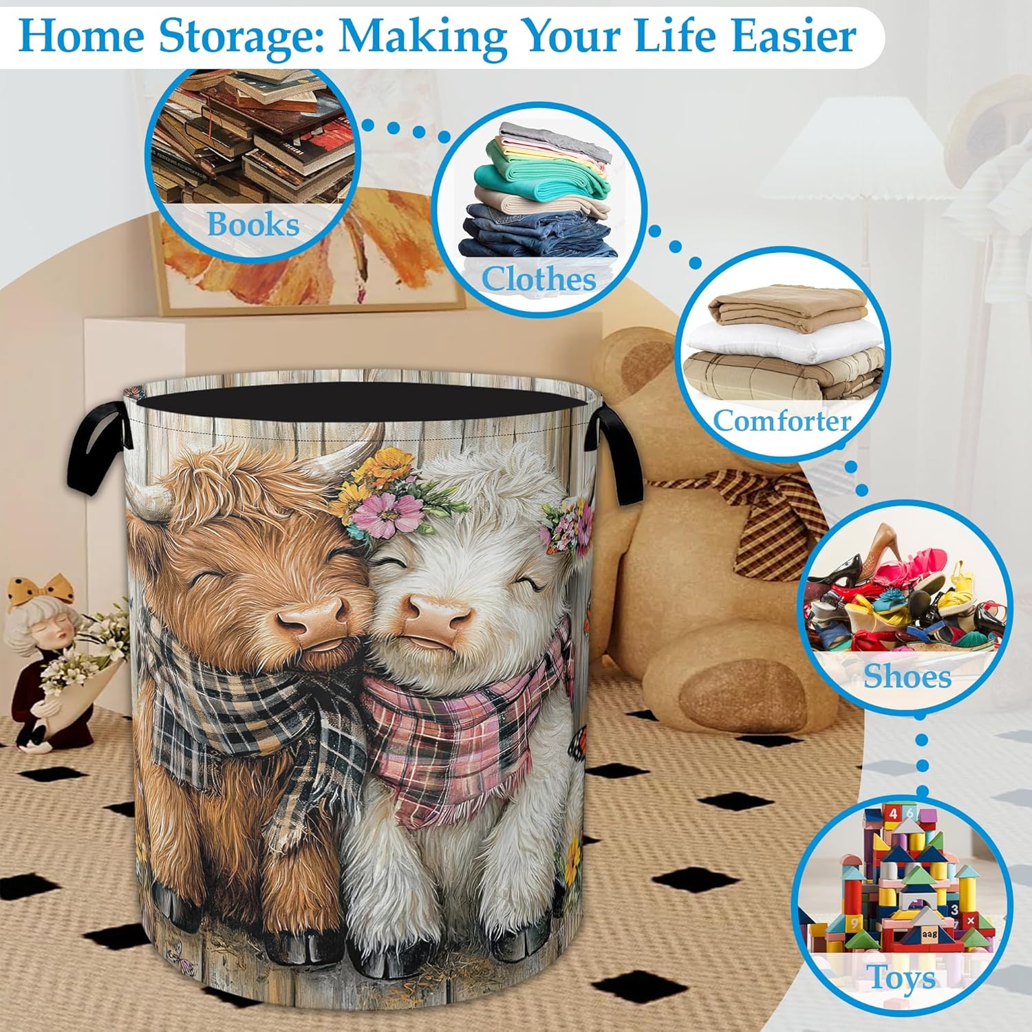 Cute Highland Cow Laundry Basket Collapsible Oxford Organizer Basket for Storage Bin Toy Bins Gift Baskets Bedroom Clothes Children Nursery Hamper 16" X 20.8"