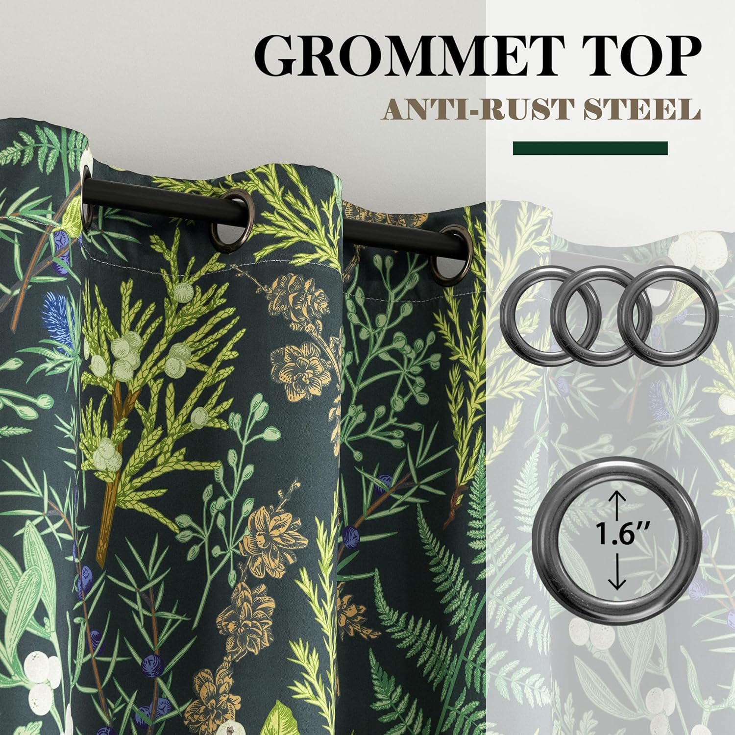 Botanical 100% Blackout Curtains for Bedroom 84 Inch Length 2 Panels Set Vintage Black Green Plant Floral Curtains Insulated Grommet Room Darkening Window Drapes for Living Room，52Wx84L