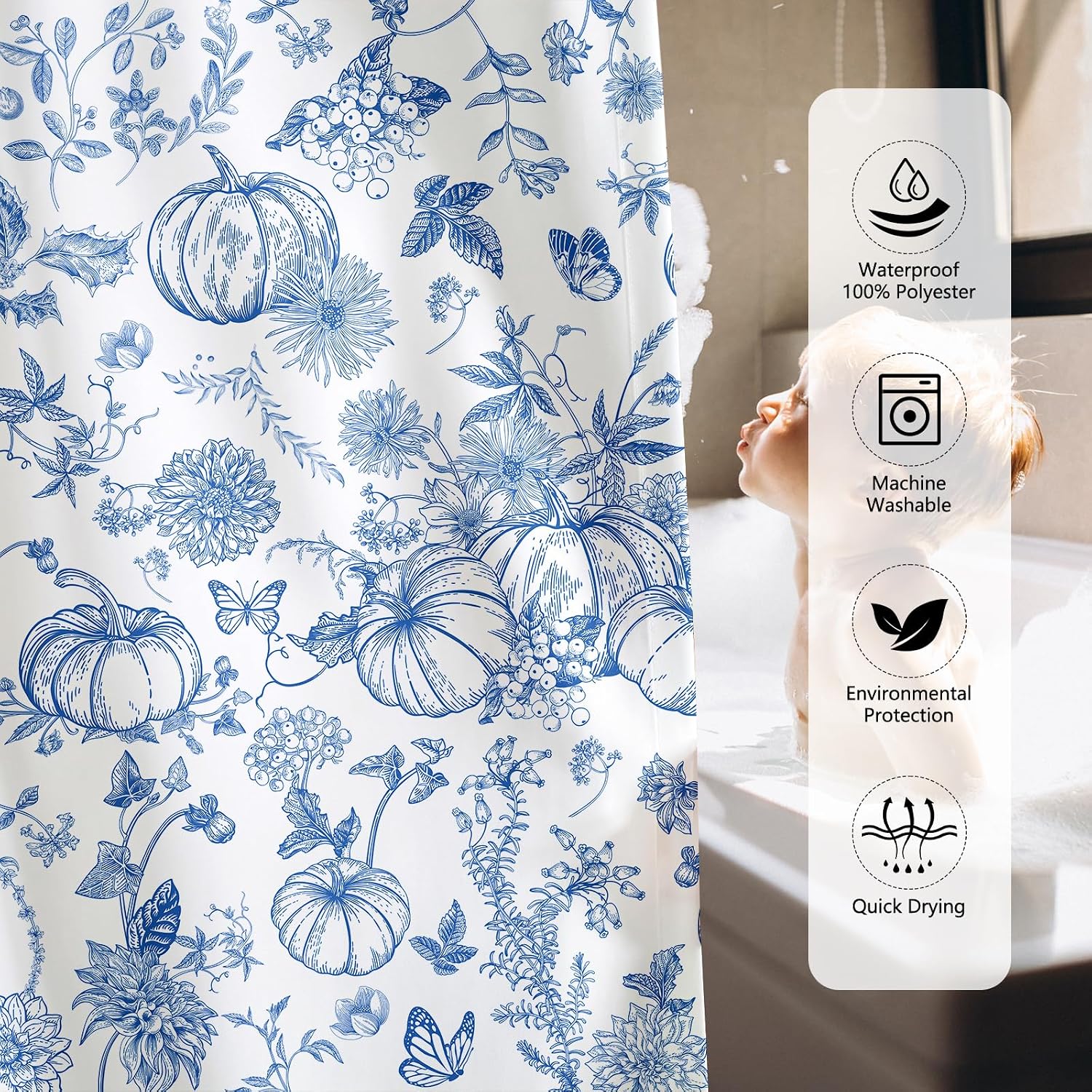 MEHOFOND Fall Shower Curtain, Chinoiserie Blue Line Pumpkin Shower Curtain | Pumpkin Floral Pattern, Waterproof Quick Dry Autumn Bathroom Decor Machine Washable with 12 Hooks, 72x72 Inches