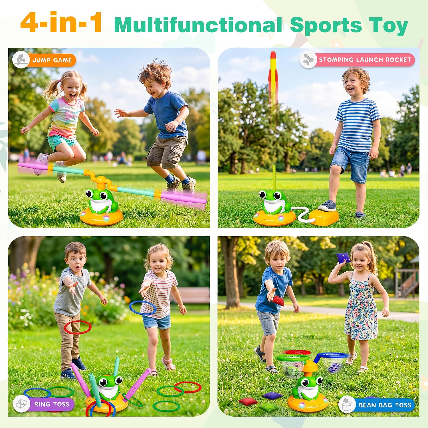 4 in 1 Musical Jump, Toss Game & Rocket Launcher for Kids 3-5 Outside Toys | Bean Bag Toss & Ring Toss, Indoor Outdoor Play Toys with RC, Toddler Activities Party Gift for 3 4 5 6 7 8 Year Old Boy Girl