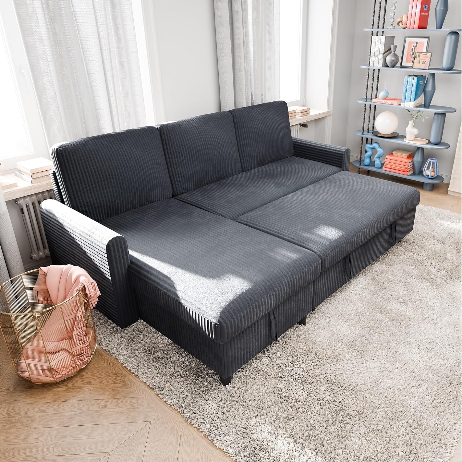 Vongrasig Pull Out Couch, Small Sleeper Sofa with Storage, 77" L Shaped Convertible Sofa Bed with Corduroy Fabric for Small Living Room, Apartment, Dark Grey