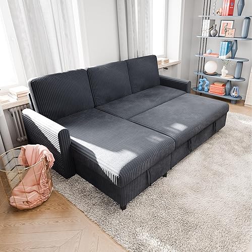 Vongrasig Pull Out Couch, 2 in 1 Small Sofa Bed Sleeper Sofa with Storage, 77" L Shaped Convertible Sofa with Storage Chaise for Living Room, Apartment, Dark Grey