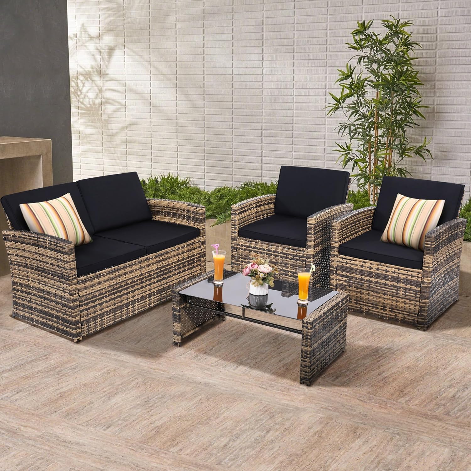 KROFEM 4-Piece Patio Furniture Set, Wicker Outdoor Rattan Sectional Sofa with Cushions and Glass Table, All-Weather Outdoor Conversation Set, Ideal for Garden, Porch, Backyard, Black