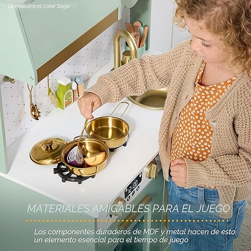 Miniatura 7 de Best Choice Products Juguete de madera para niños con almacenamiento, borde festoneado, 5 accesorios, microondas, horno, pomos de clic, color crema