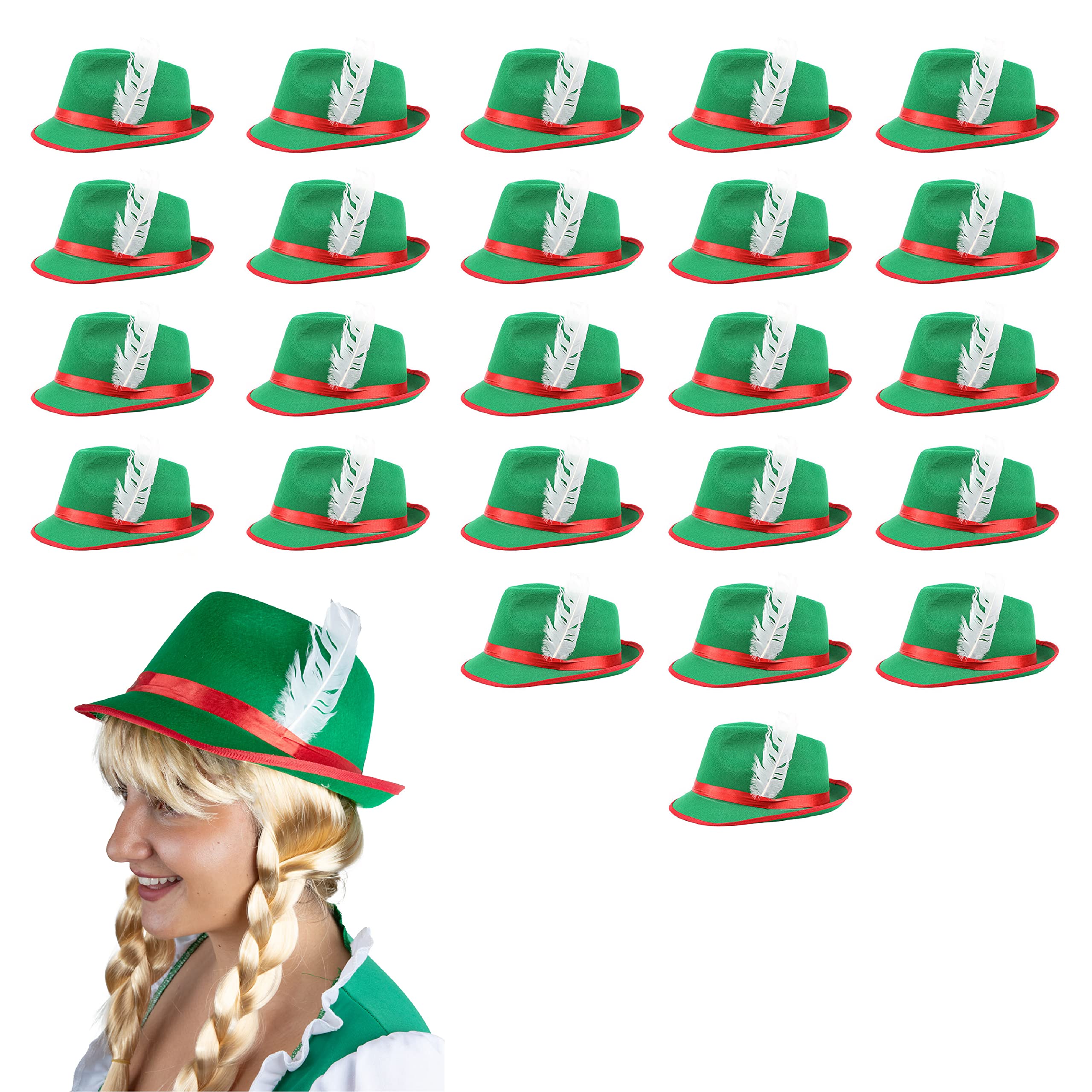 Adults Oktoberfest Hat - Pack of 24 - Green & Red Bavarian Hat with Feather Detail - German Oktoberfest Tyrolean Fancy Dress Accessory