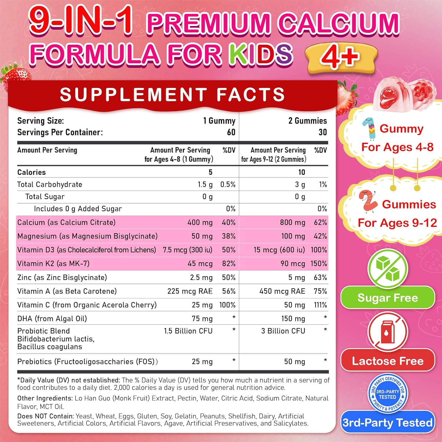 Kids Calcium Gummies with D3 & Magnesium for 4+: Sugar Free Calcium Citrate with Vitamin D3, K2, Zinc, Probiotics & Prebiotics for Kids - Gluten Free, Non-GMO,Vegan, Natural Strawberry Flavor