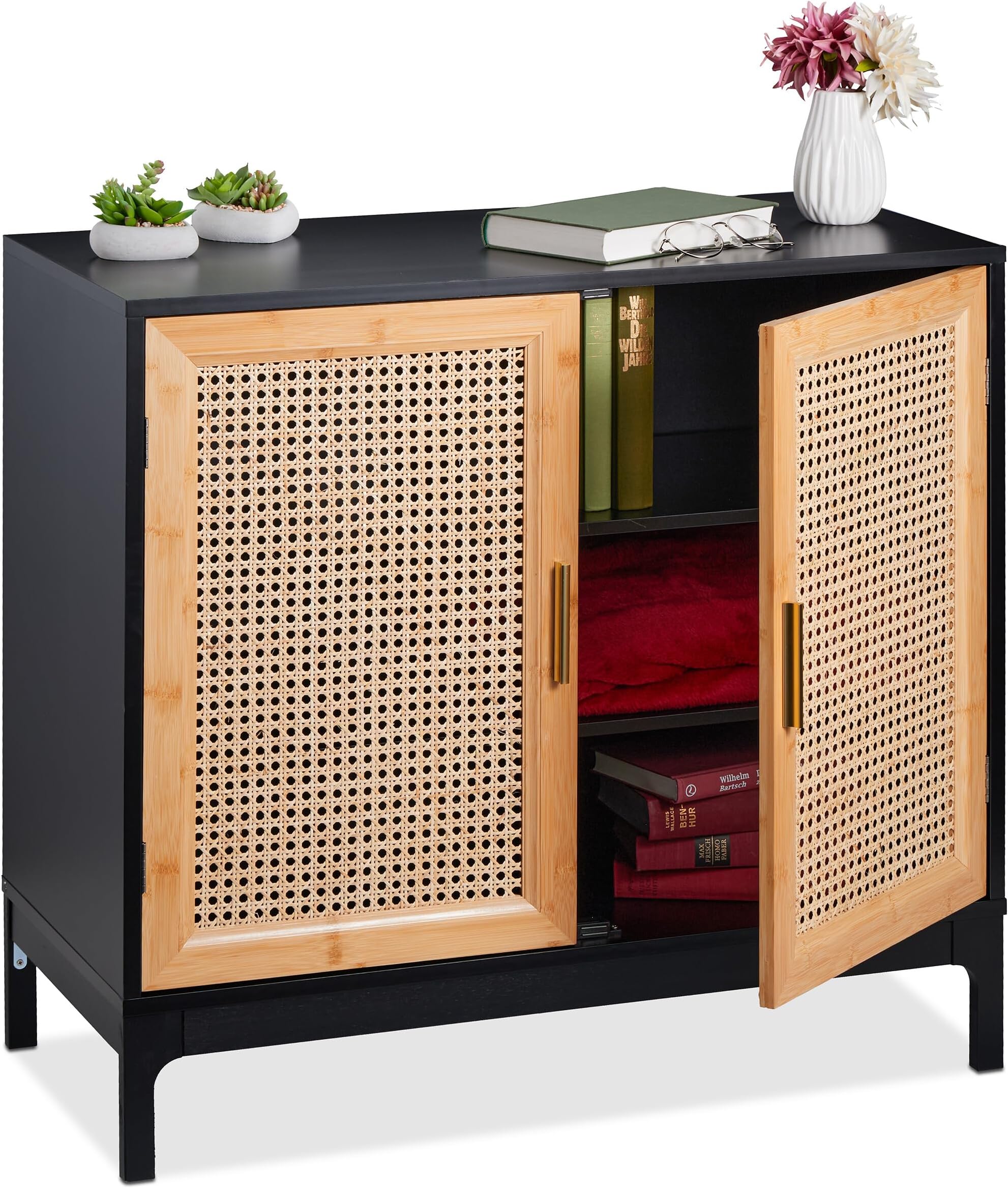 Relaxdays Sideboard with Rattan Wicker, H x W x D: 76 x 80 x 39 cm, Chest of Drawers Living Room, 2 Doors, MDF and Bamboo, Black/Natural, 80% fibreboard 10% Plant Fibre, 003 red, 76x80x39 cm