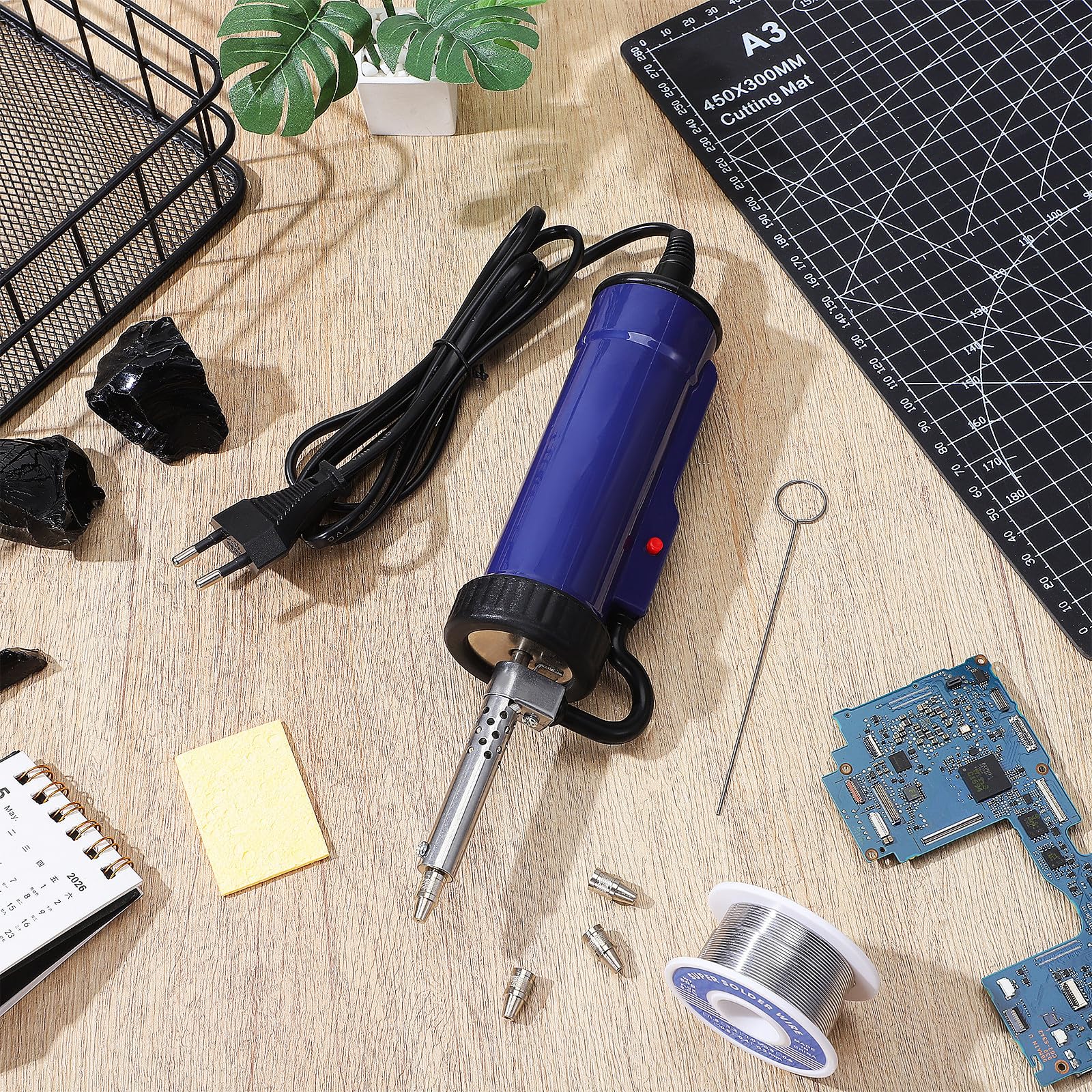 CALLARON Pompa Dissaldante Elettrica, Solder Sucker Tool, 350w, 30w, Ac220v, Blu, con Ugelli di Aspirazione e Ugelli Sostituibili per Manutenzione di Apparecchi Elettronici e Pcb