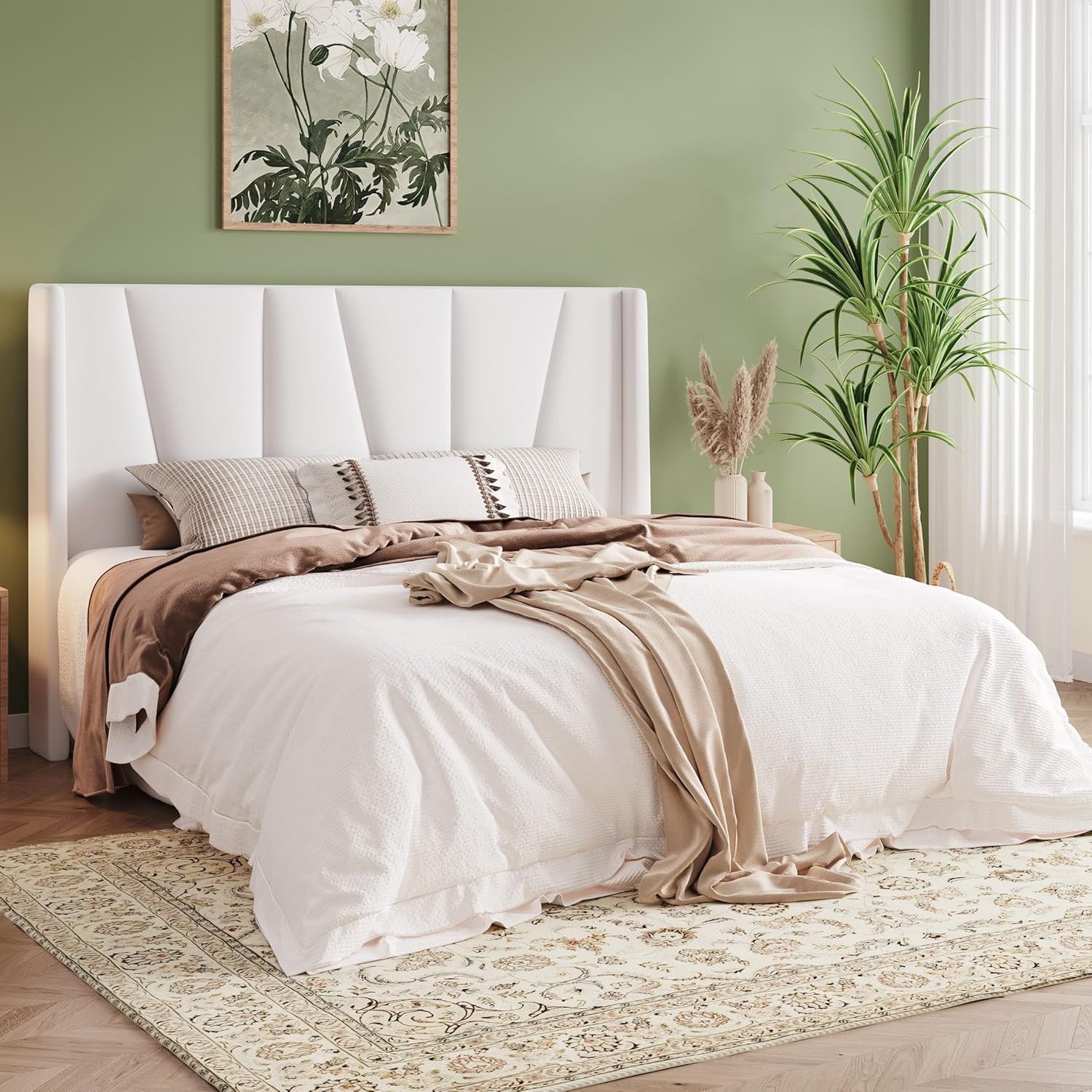 Allewie Queen Size Platform Velvet Bed Frame with Geometric Wingback Headboard, Boho Upholstered Bed with Wooden Slats Support, No Box Spring Needed, Easy Assembly, White