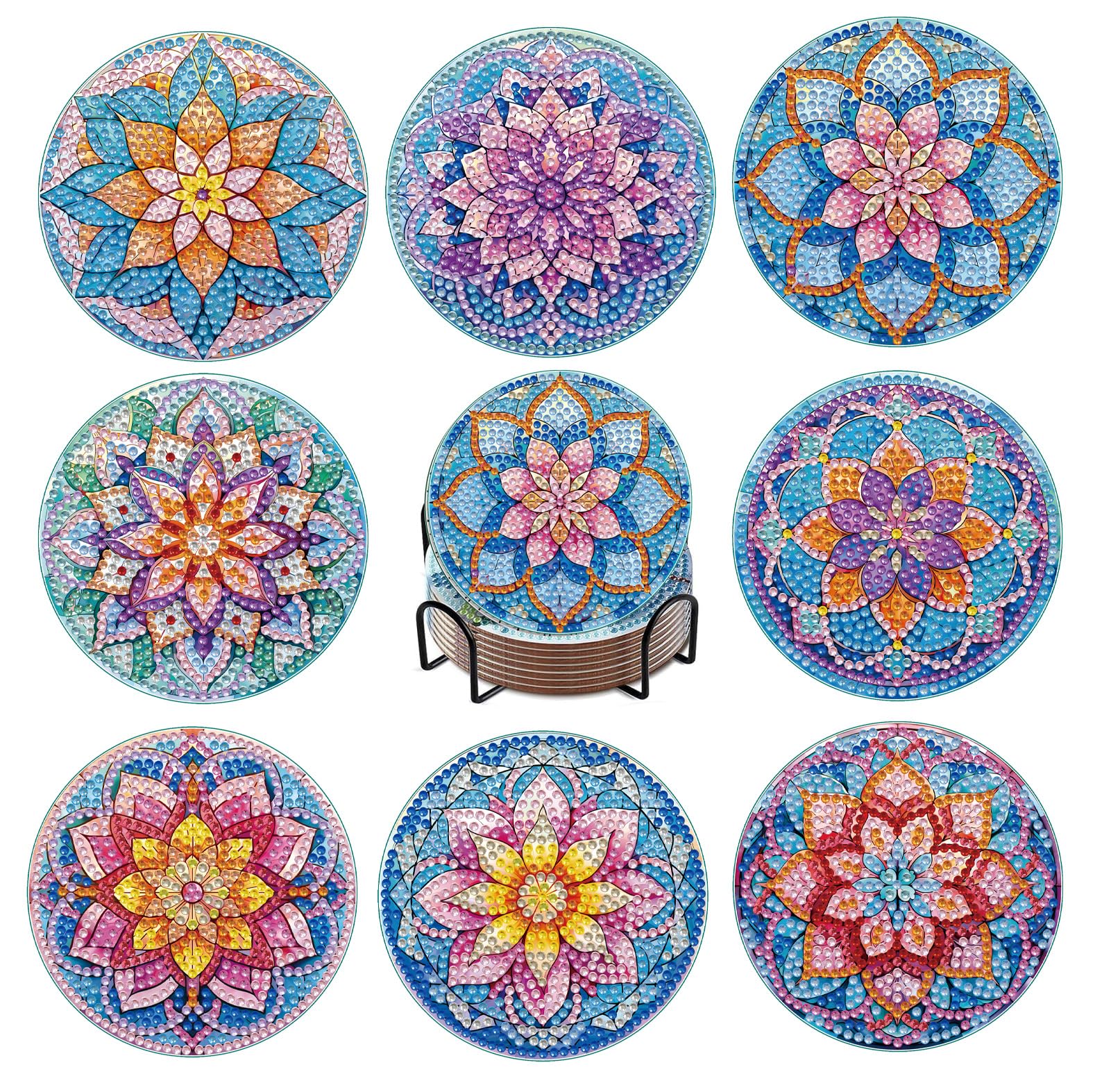 8 PCS Lotus Diamond Art Coasters Kits, Diamond Painting Coasters with Holder Set of 8, DIY Drink Coasters Art Crafts Supplies for Adults Cup Mat for