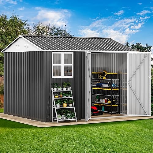 DWVO 10x8ft Metal Outdoor Storage Shed with Window, Lockable Tool Storage Sheds, Oversized Steel Garden Sheds with Sloped Roof for Backyard, Patio, Garage, Lawn, Dark Gray