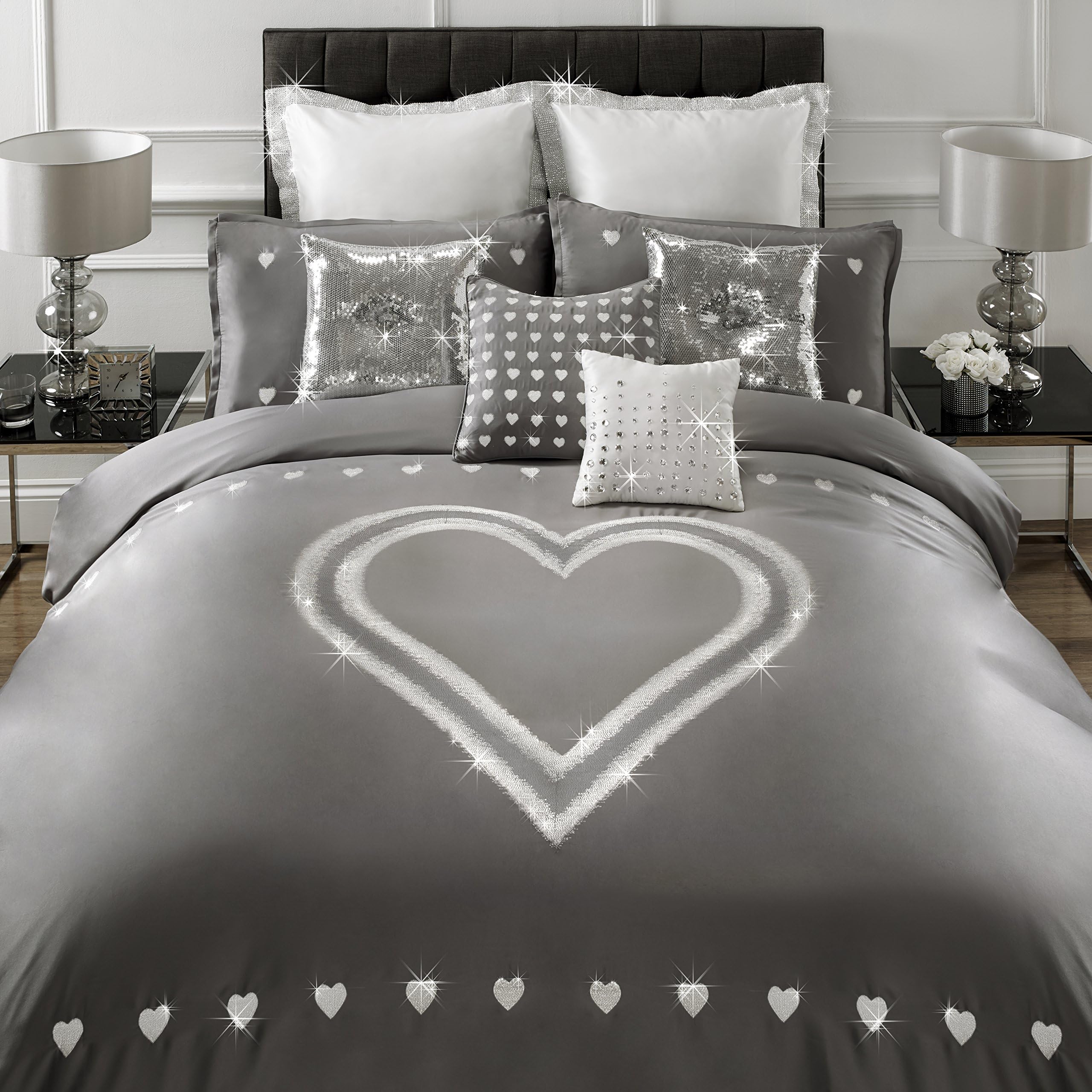 By Caprice Home Krystle Super King Duvet with Embroidery Heart Lurex, Polyester-Cotton, Silver/Silvergrey