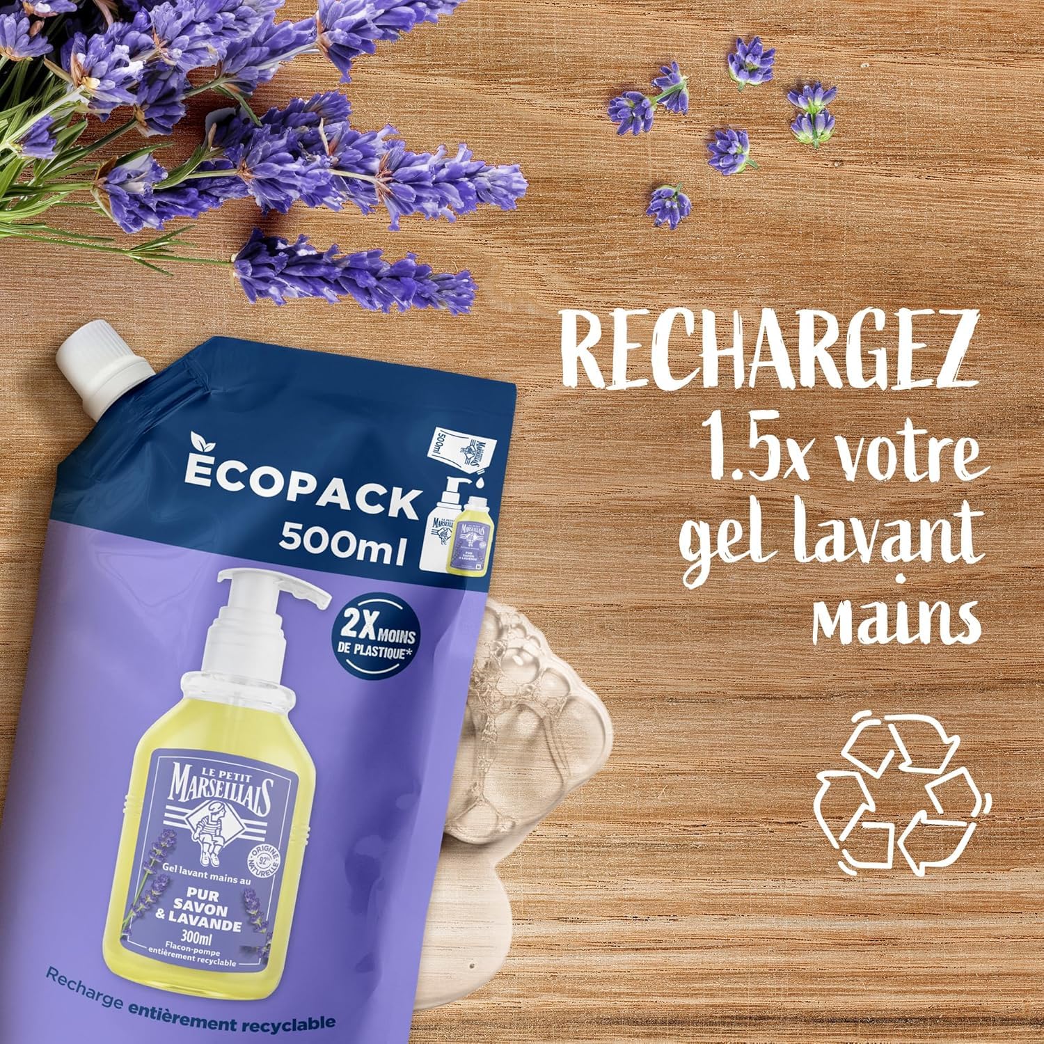 Le Petit Marseillais – Recharge Gel Lavant Mains Pur Savon & Lavande (écopack de 500 ml) – Recharge savon liquide pour flacon-pompe – Savon mains à l’huile essentielle de lavande