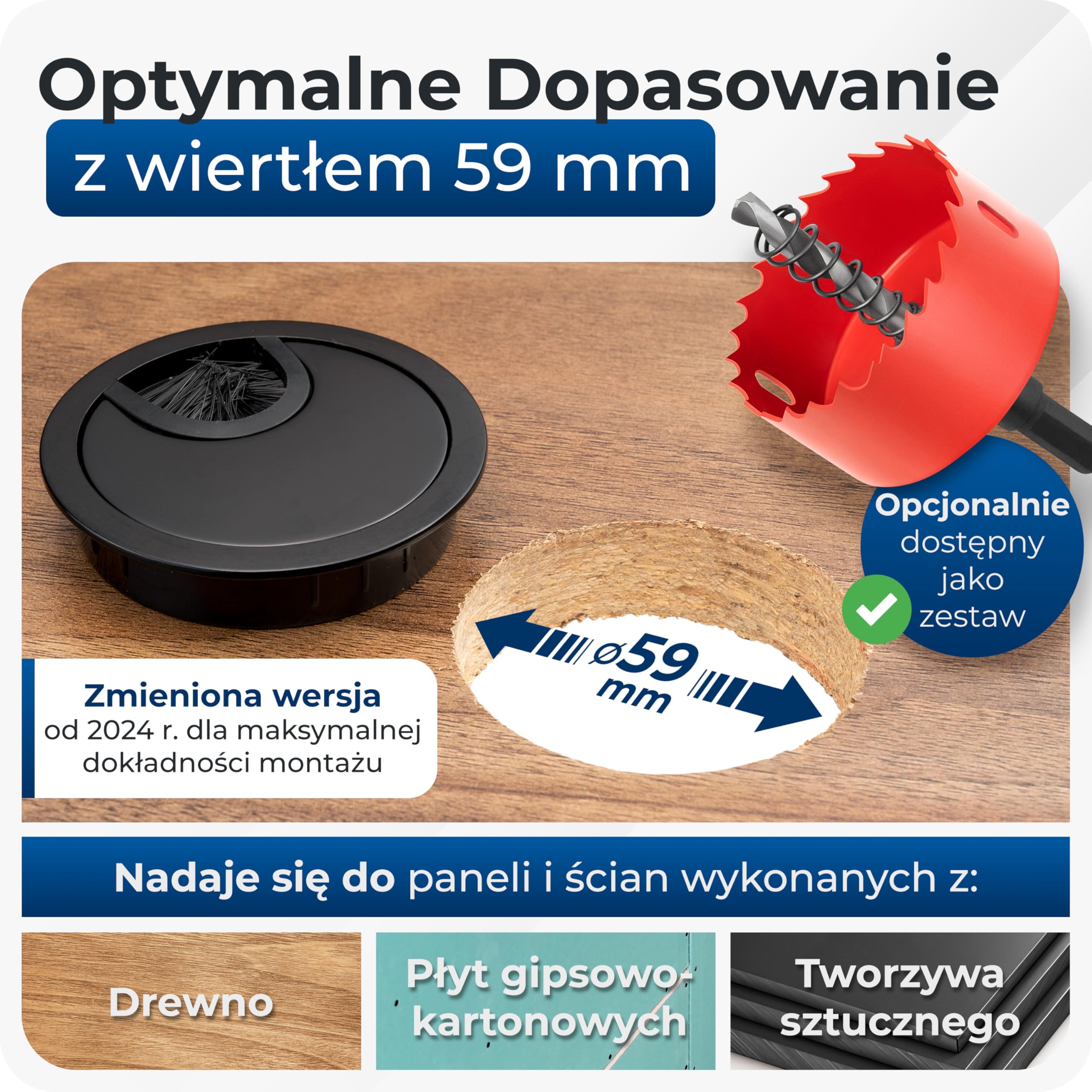 BRUCE.® Premium przepust kablowy z metalu [2 kawałek, Czarny] - Przepust kablowy na biurko ø 60 mm - z 2 Różnymi Opcjami Dyfuzora - Dla większego porządku na biurku w miejscu pracy