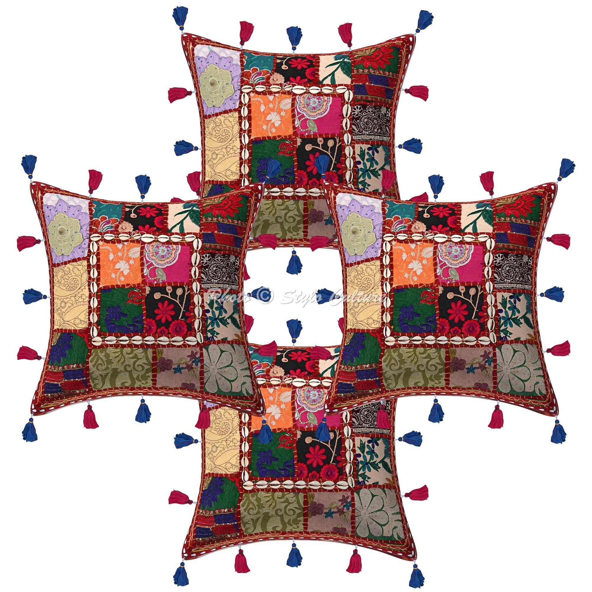 Indische Dekorativ Baumwolle Couch Kissenbezüge 40x40 cm Kastanienbraun Dekokissen Gesticktes Patchwork Schlafzimmer Sofa Kissen Bezüge Blumen Quadrat Kissenhullen - 4 STK.