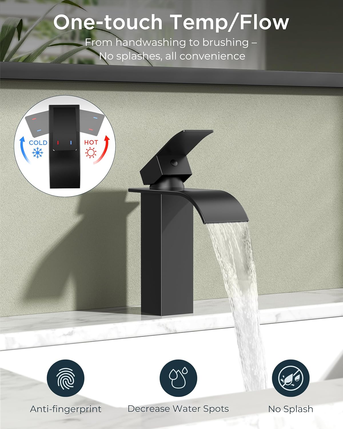 FORIOUS Matte Black Waterfall Bathroom Faucets 1 or 3 Hole, Vanity Single Bathroom Sink Faucet with cUPC Supply Line and Pop Up Drain, Suitable for Basin, Rv, Restroom Sink