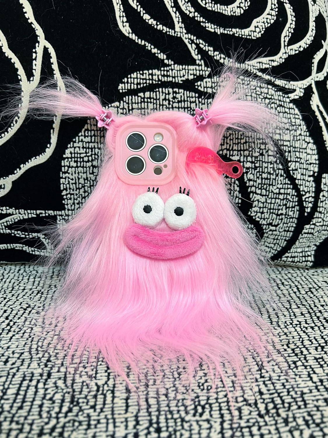 Pink Furry Phone Case for iPhone 15, Cute DIY Long Hair Funny Thick Mouth Warm Plush Cases, 3D Cartoon Fuzzy Winter Protective Cover for Women Girls
