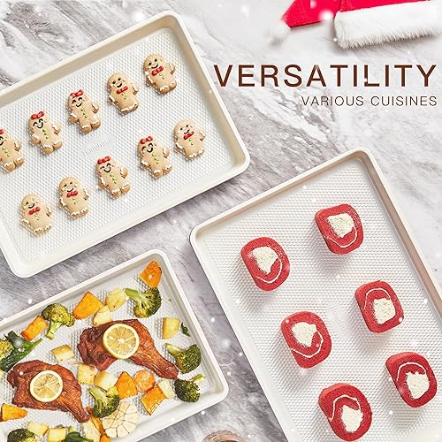Miniatura 13 de HONGBAKE - Juego de 3 bandejas de galletas antiadherentes para hornear, molde para horno con patrón de textura de diamante, bandejas de galletas