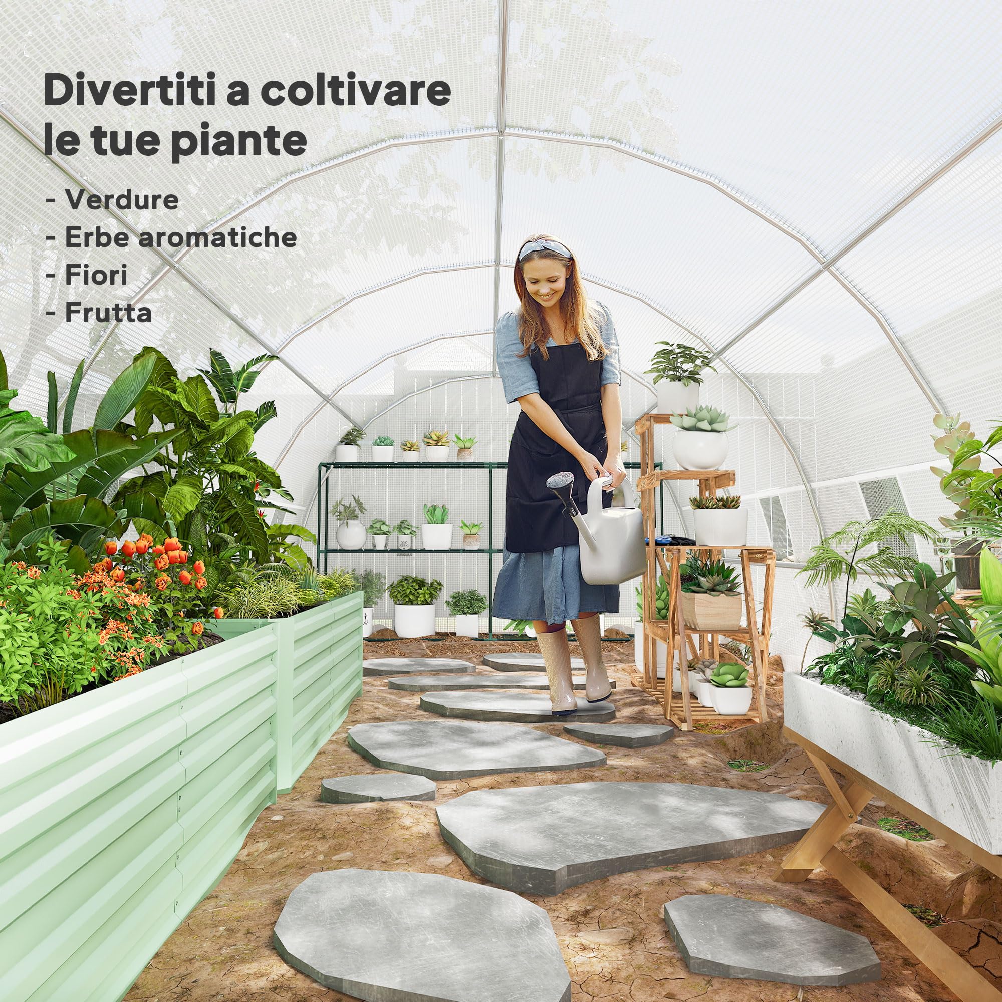 Outsunny Serra da Giardino a Tunnel 8x3x2 m con Porte Avvolgibili e 12 Finestre, Serra per Orto con 4 Rinforzi Diagonali, Struttura in Acciaio e Copertura PE, per Orto Verdure Fiori Frutta, Bianco