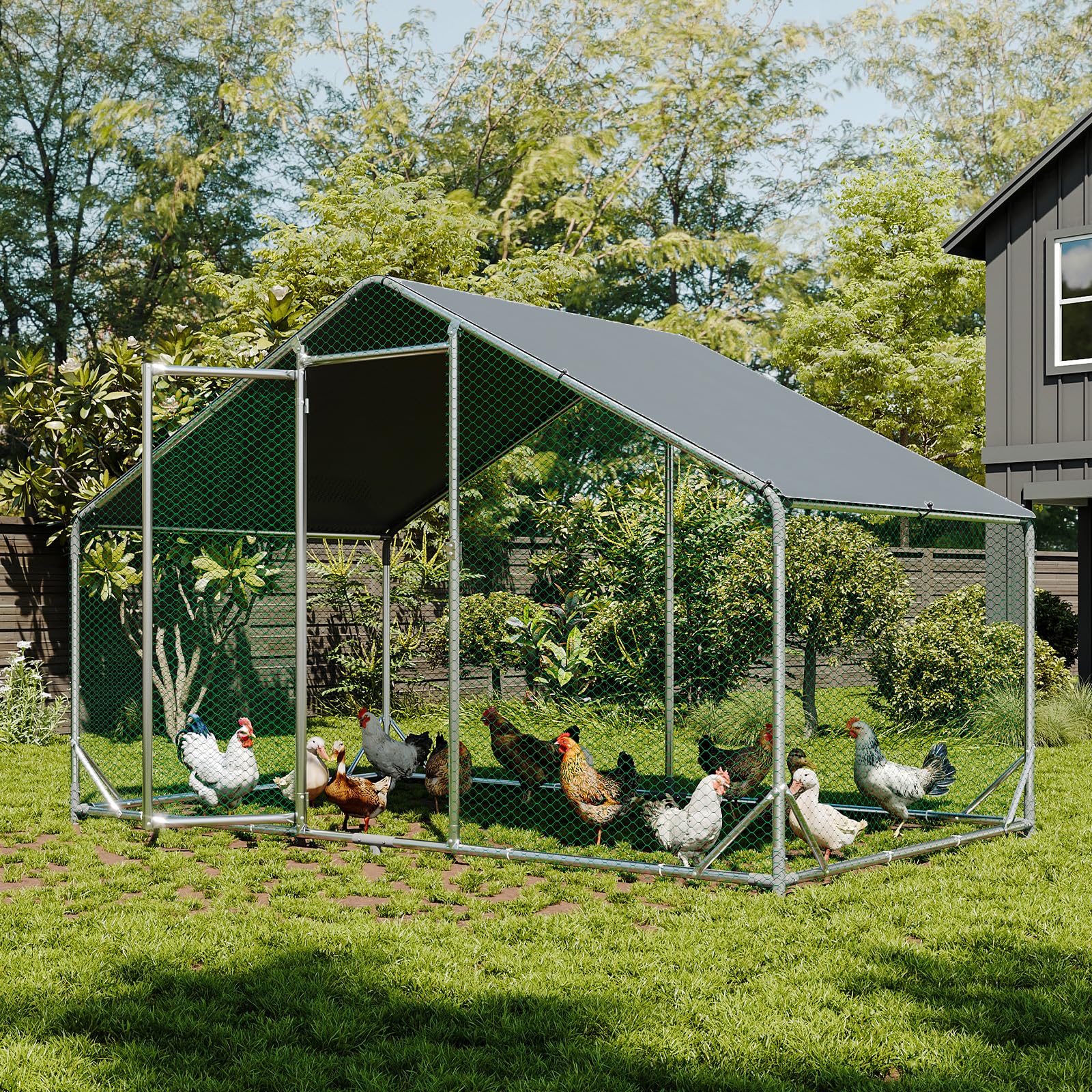 Aoxun Hühnerstall, 3x2x2 m freilaufgehege hühner, 6 m² Großes Hühnergehege mit Wasserdichtetem PE, verzinktem Stahl Kleintiergehege für Hühner Ente Kaninchen