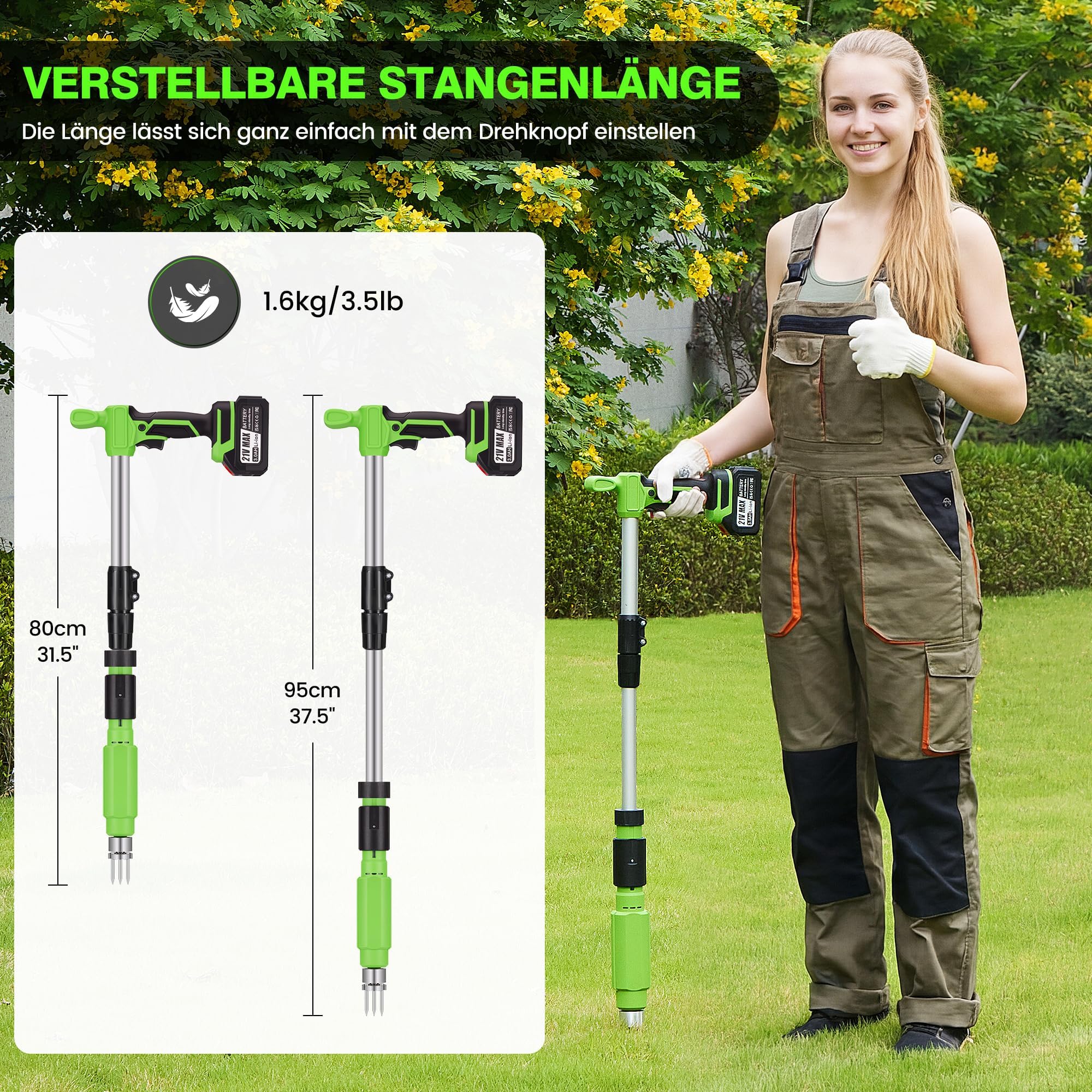Elektrischer Unkrautstecher, 21V Akku Stand-Up Unkrautentferner Löwenzahnstecher, verstellbarer Griff, Stahlkopf mit 3 Zinken, Unkrautzieher für den Garten, tolles Geschenk für Mama, Papa, Oma und Opa