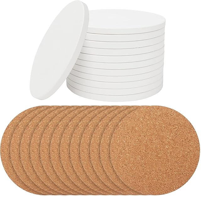 Belle Vous Round White Ceramic Coasters (12 Pack) - 10.2cm/4.02 Inches - Unglazed Coaster Blanks Tiles & Cork Backing Pads - DIY Crafts, Acrylic Pouring, Alcohol Ink, Painting, Mosaics & Art Projects
