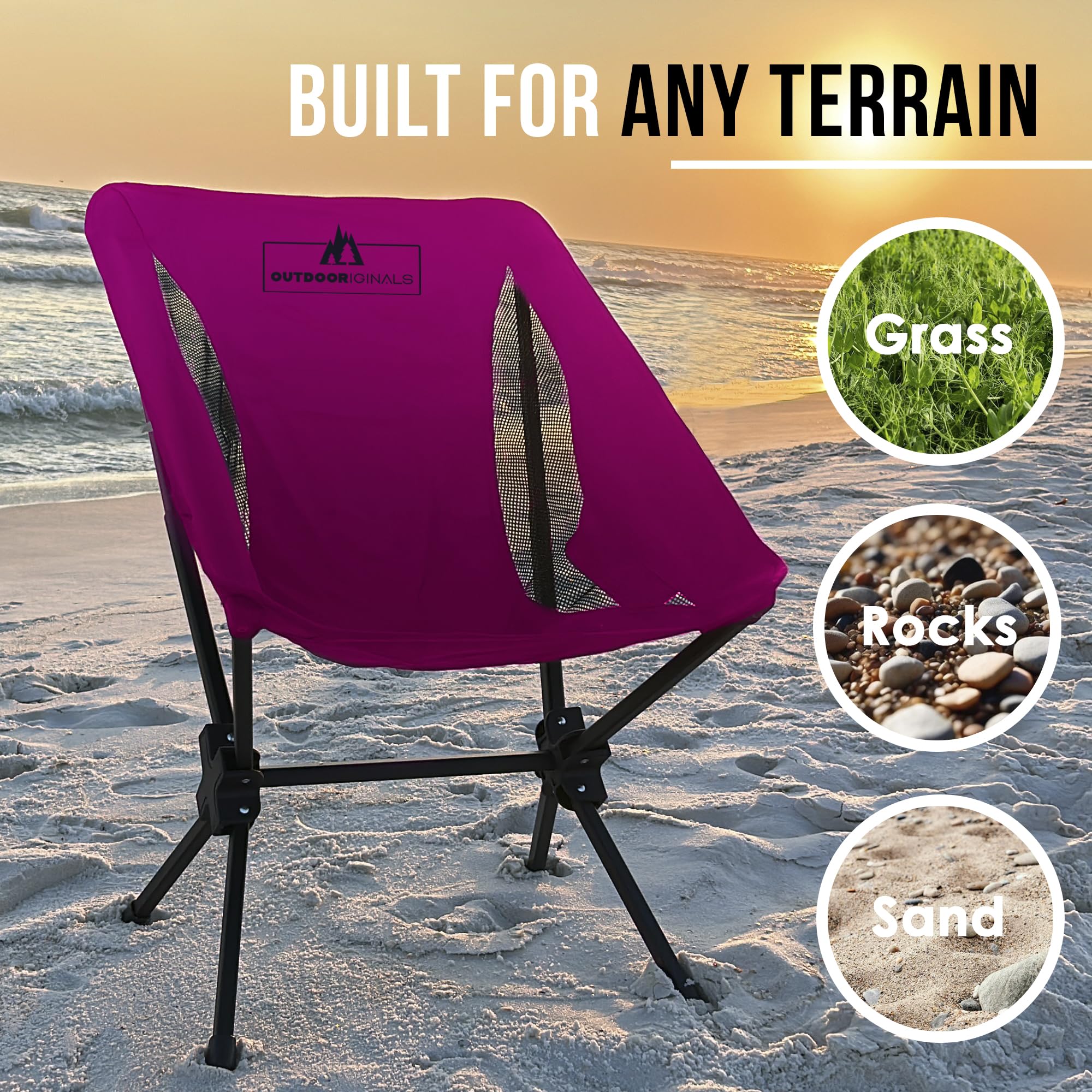 Outdoor Originals - Sedia da campeggio portatile all-in-one per adulti, leggera, si aggancia al posto, ideale per giochi sportivi, spiaggia, campeggio, escursionismo, sedia pieghevole compatta con