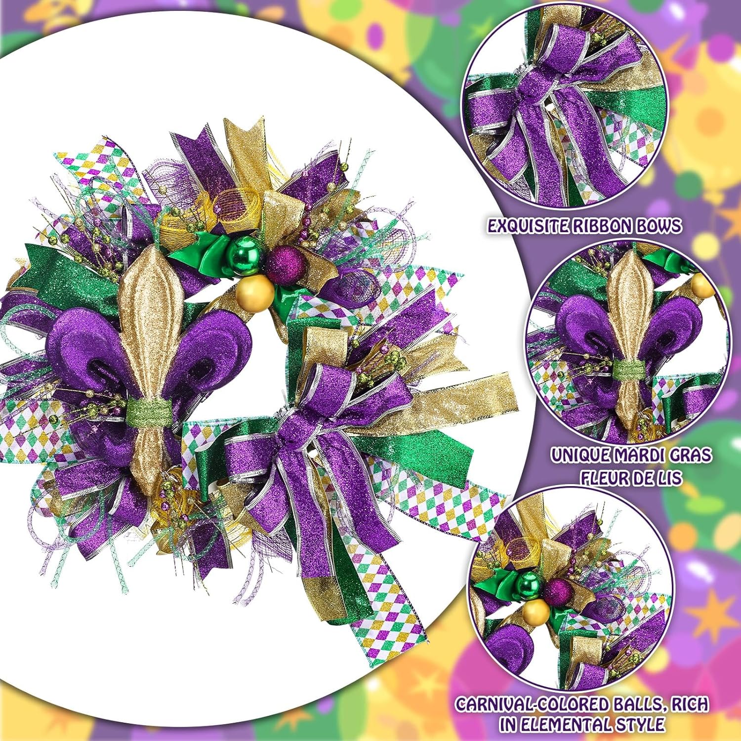 Riceshoot Mardi Gras Door Wreath 15.7 Inch Mardi Gras Ribbon Wreath for Front Door Green Purple Gold Party Decorations for Outdoor Holiday Party Favors