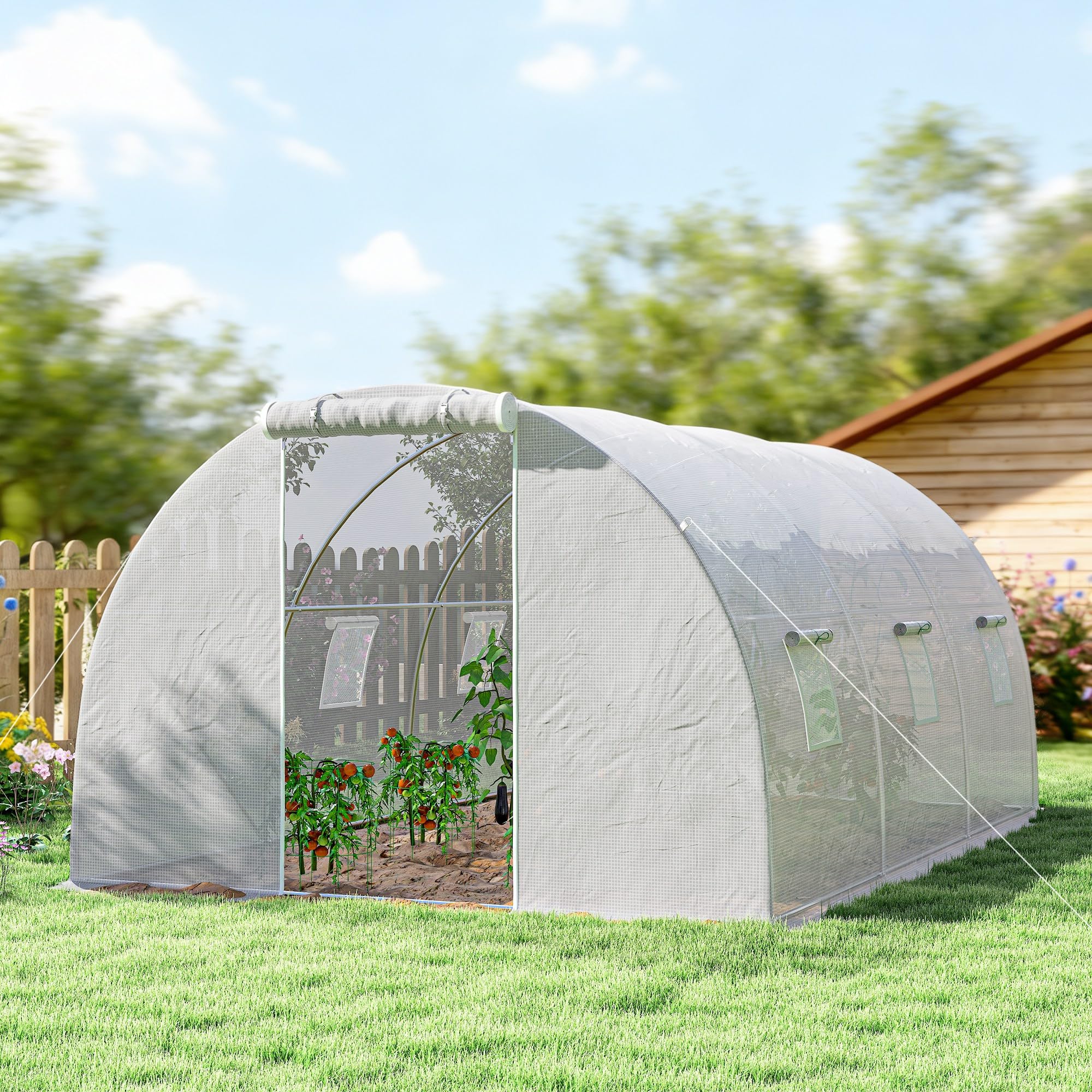 Outsunny Serre de Jardin Tunnel 13,5 m² 4,5L x 3l x 2H m - 6 fenêtres, Porte zippée Enroulable - châssis Tubulaire Acier galvanisé, bâche PE Haute densité Blanc