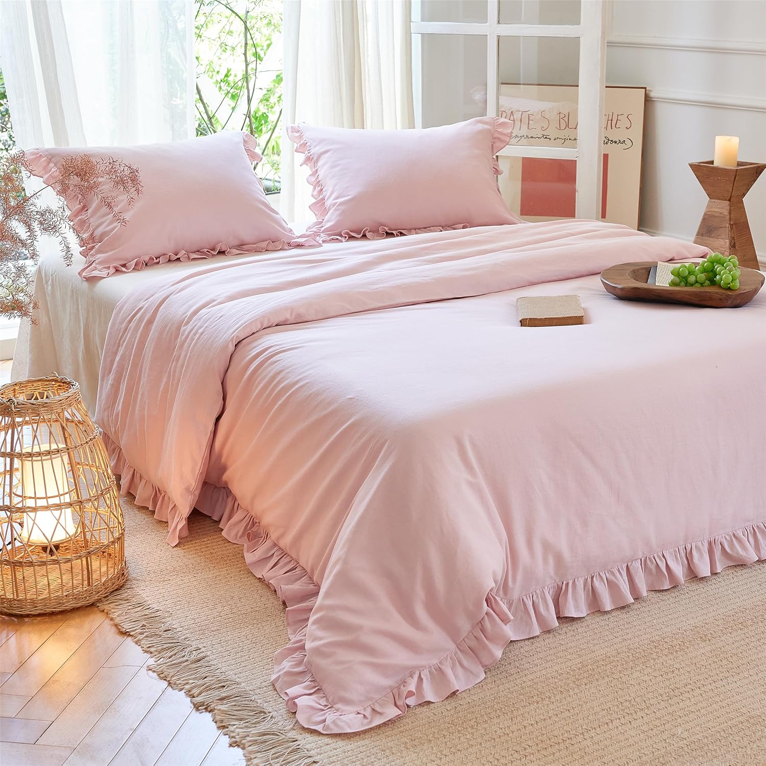 Simple&Opulence Ruffled Linen Cotton Duvet Cover Set 3Pcs, Cozy Farmhouse Look with Double-Layer Ruffles (1 Duvet Cover & 2 Pillowcases) – Pale Pink, Queen Size