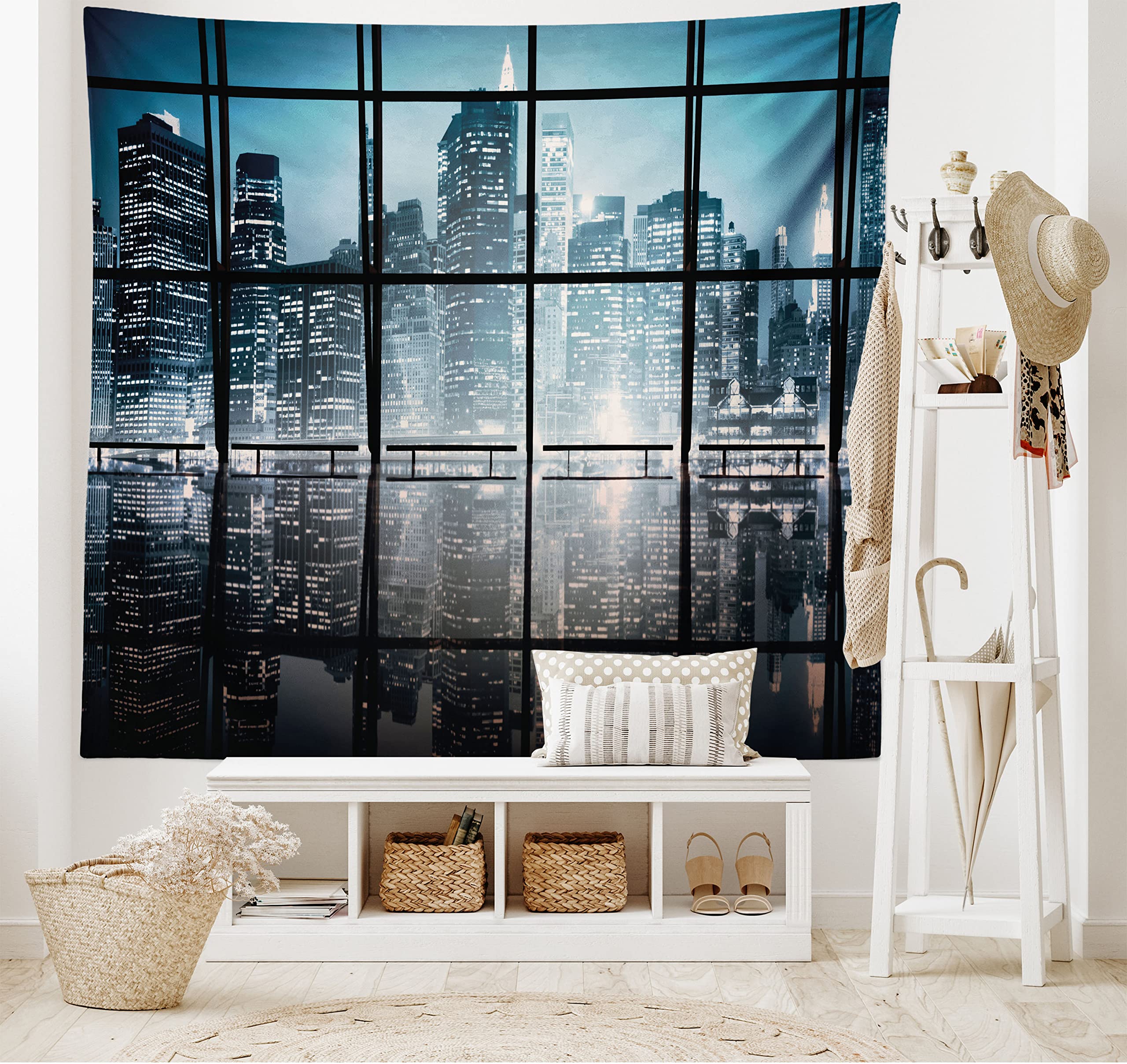 Ambesonne Modern Tapestry, Modern New York City Scenery at Night with Skyscrapers Buildings Print, Wide Wall Hanging for Bedroom Living Room Dorm, 80
